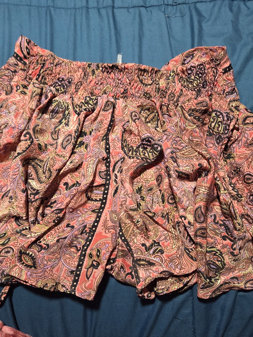 Karma Highway Coral Paisley Smocked Shorts w/Optional Side Ruching& Gold Details